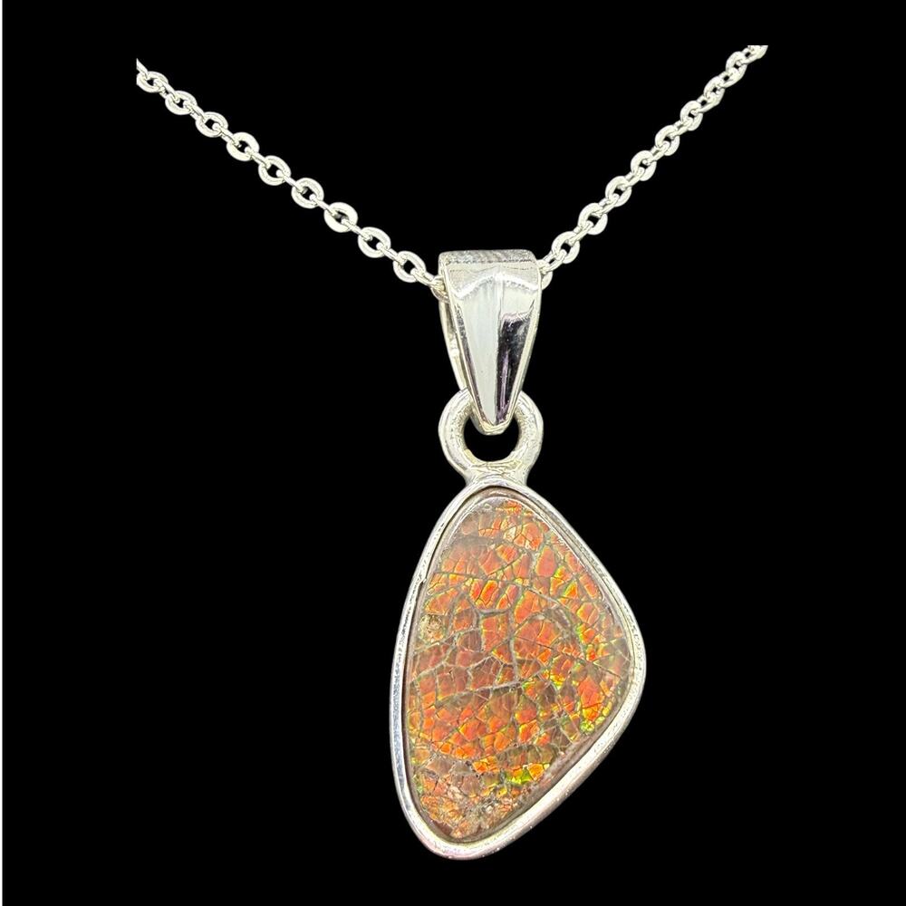 Natural Ammolite Pendant Necklace 925 Sterling Silver 18in Chain Handmade
